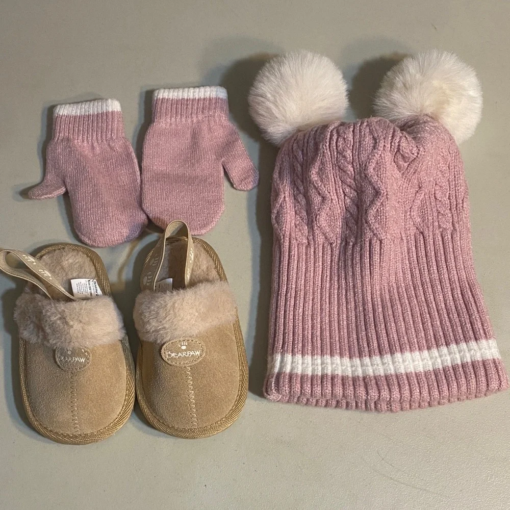 BearPaw Pink Cable-Knit Hat with Pom Poms & Matching Mittens